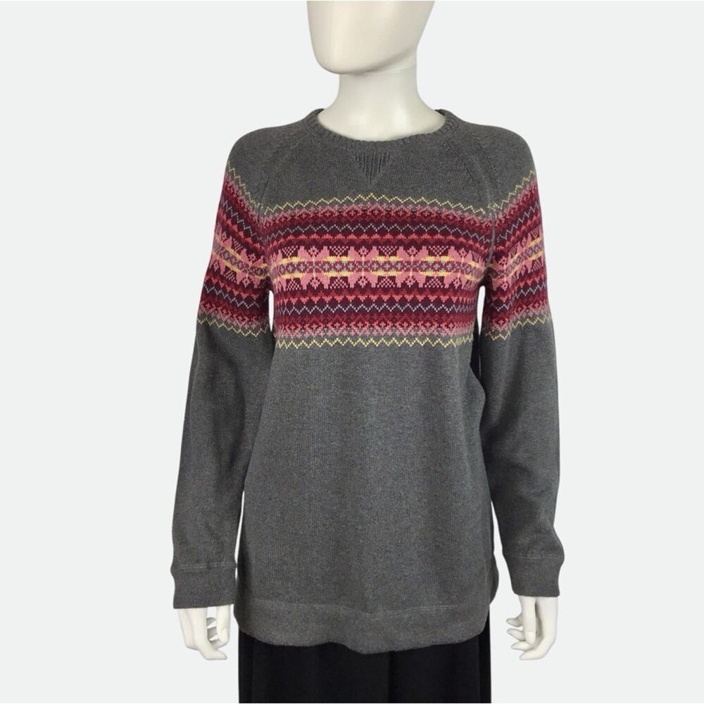 Eddie Bauer Fair Isle Nordic Sweater Cotton Grey Pink & Red Geometric Cozy